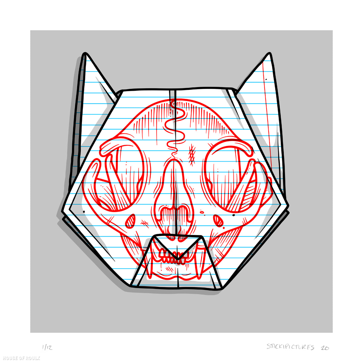 Stickipictures - &quot;Origami Cat Skull&quot; - Archival Print, Limited Edition of 12 - 12 x 12&quot;