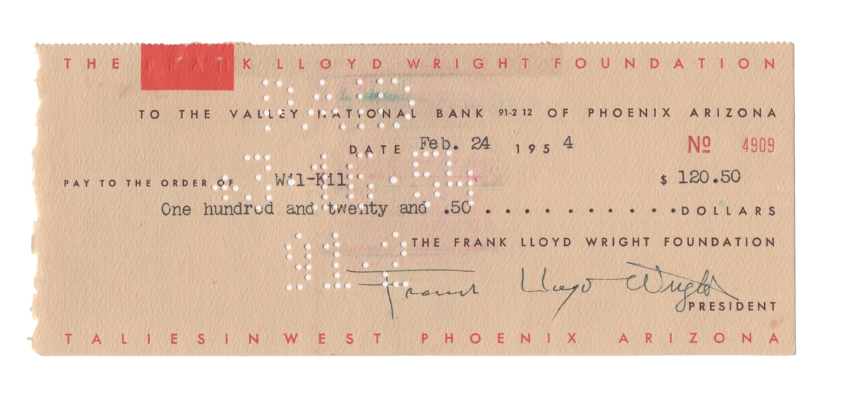 Frank Lloyd Wright - Original &#39;Fallingwater&#39; Working Blueprint with Signed Check