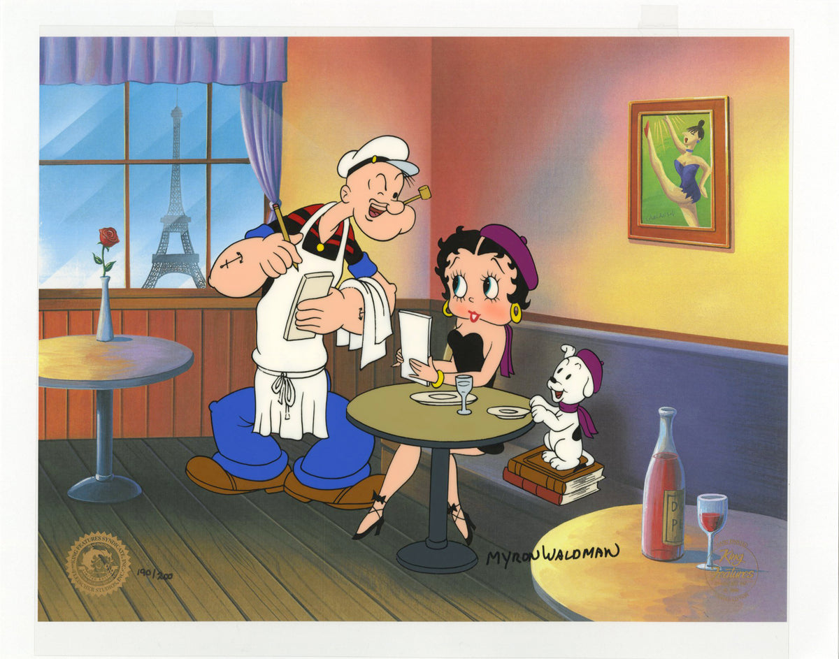 Myron Waldman - &quot;Popeye &amp; Betty Boop&quot; - Signed Hand-Painted Animation Cel - 11 x 14&quot;