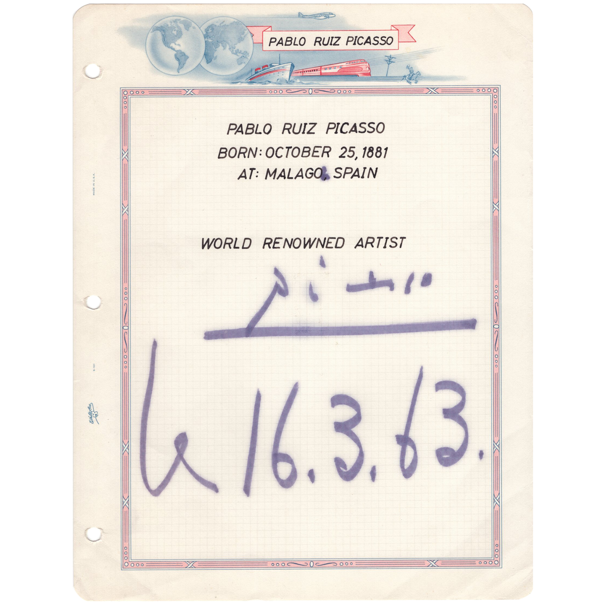 Pablo Picasso - Large Bold Autograph w Date on Collector&#39;s Page, 1963