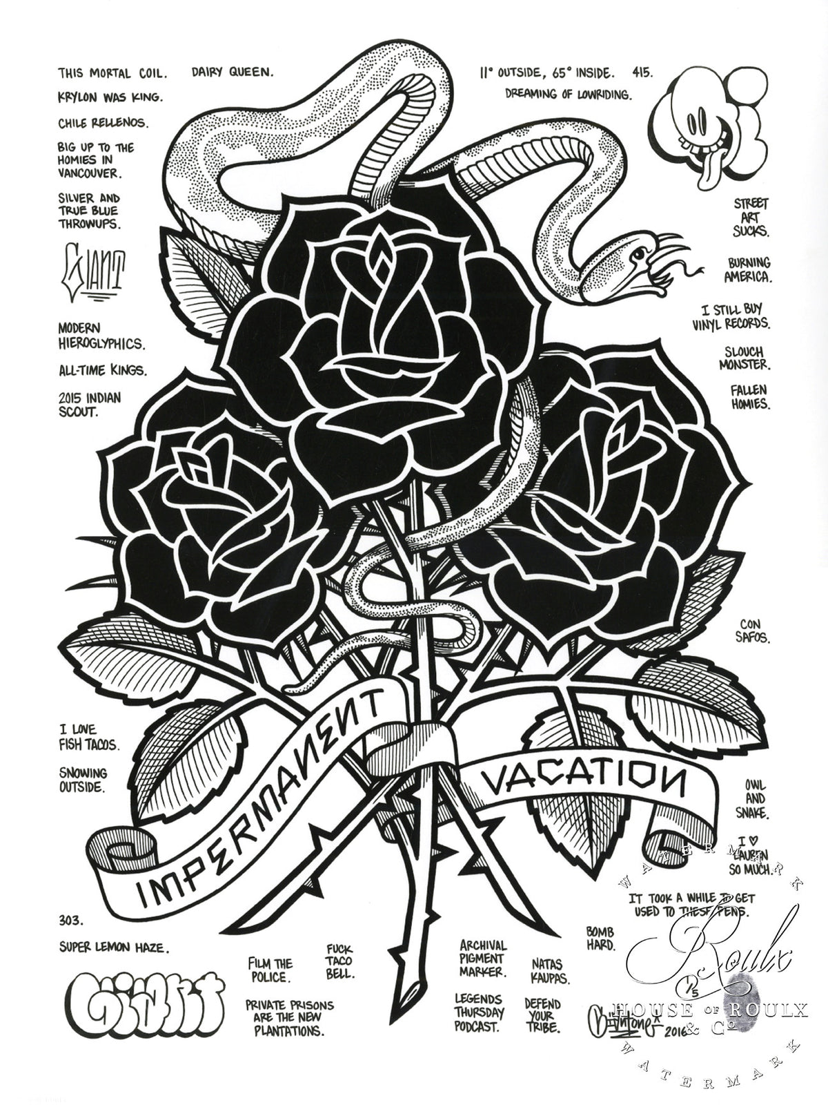 Mike Giant &quot;Black Roses (Impermanent Vacation)&quot; - Hand-Embellished Unique Print, #1/5 - 24 x 36
