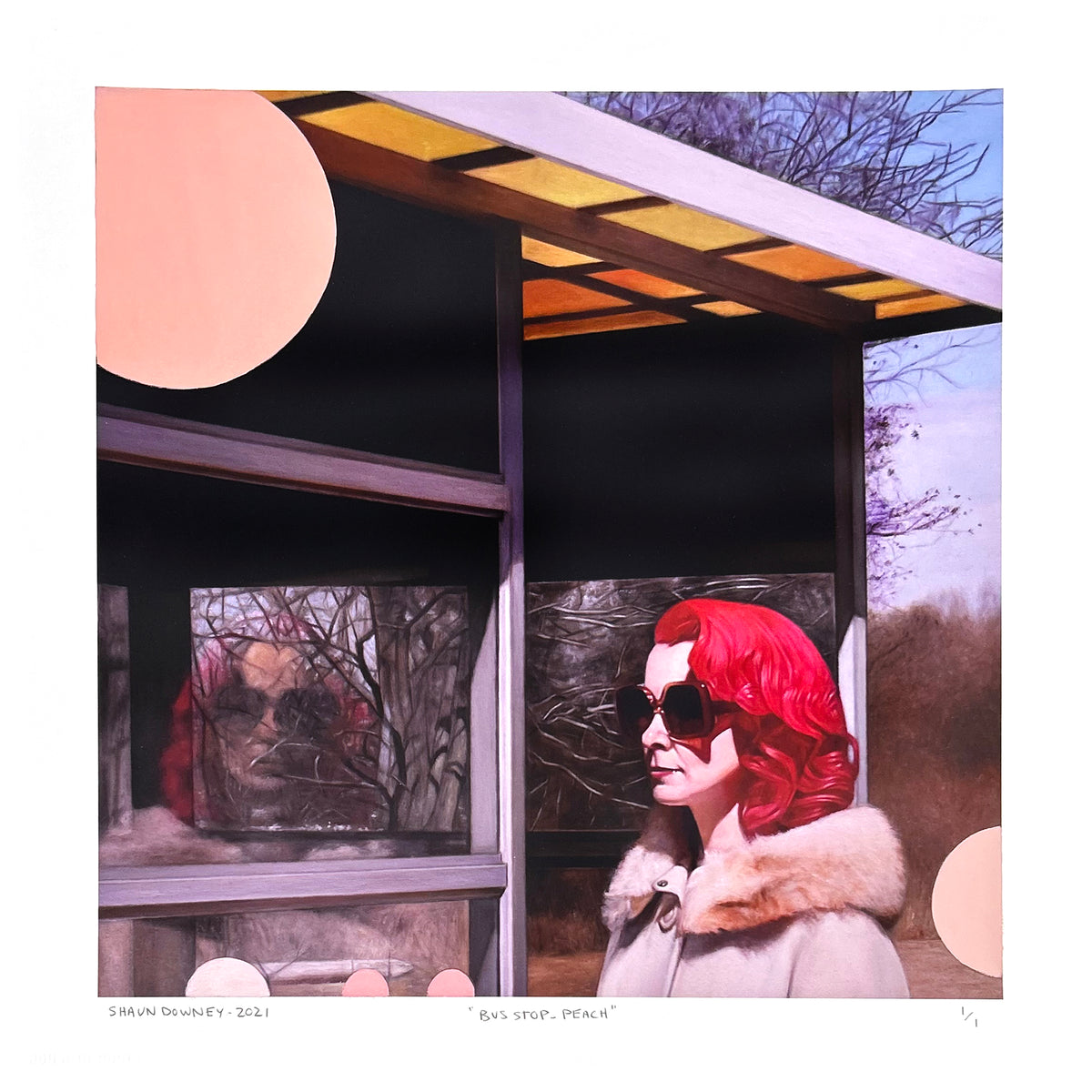 Shaun Downey &quot;Bus Stop (Peach)&quot; - Hand-Embellished One-Off Variant - 12 x 12&quot;