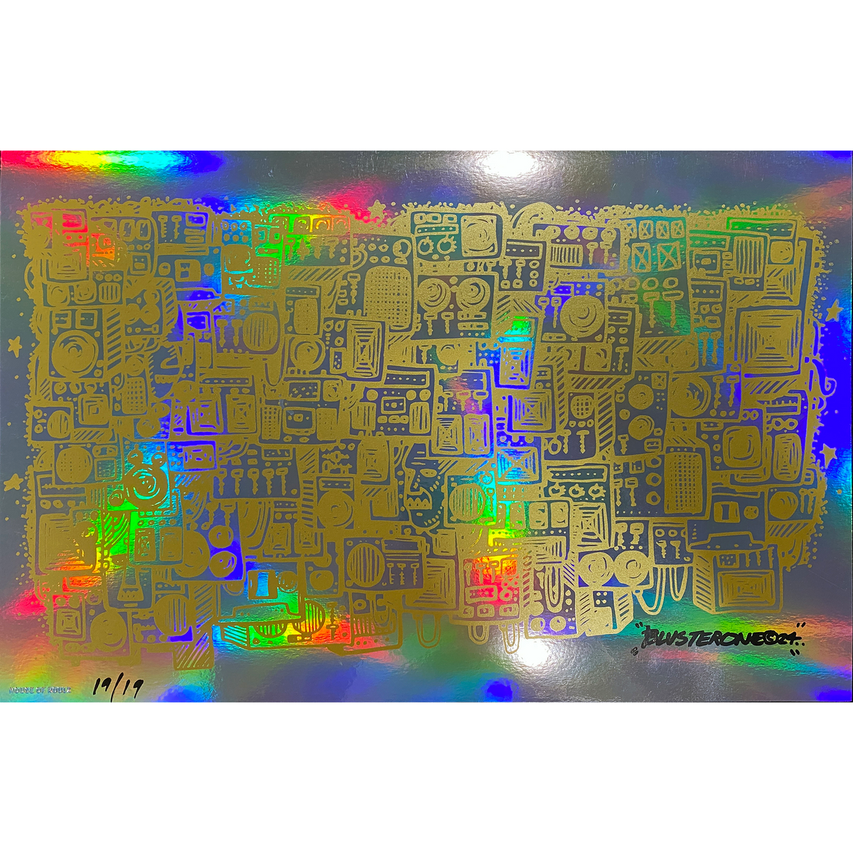 BlusterOne &quot;Still Here&quot; (Black on Rainbow Foil w 1/1 Gold Chase Chance) - Screen Printed Edition of 19 - 11 x 17&quot;