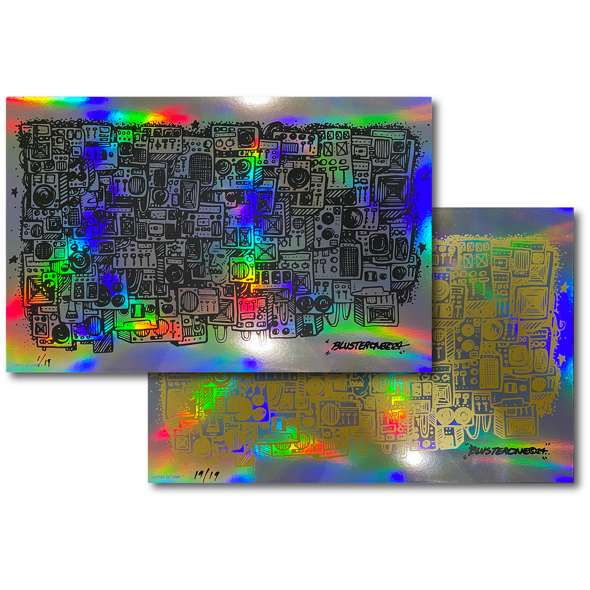 BlusterOne &quot;Still Here&quot; (Black on Rainbow Foil w 1/1 Gold Chase Chance) - Screen Printed Edition of 19 - 11 x 17&quot;