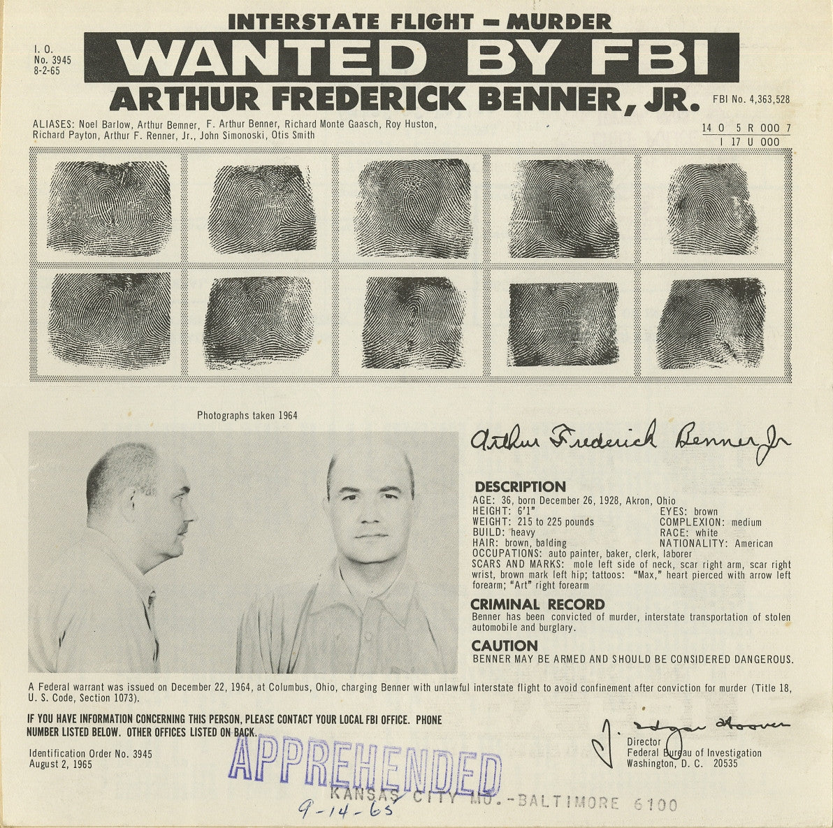 Mike Giant &quot;Arthur Frederick Benner Jr.&quot; - Original Ink Illustration w Vintage Mugshot - 18 x 24