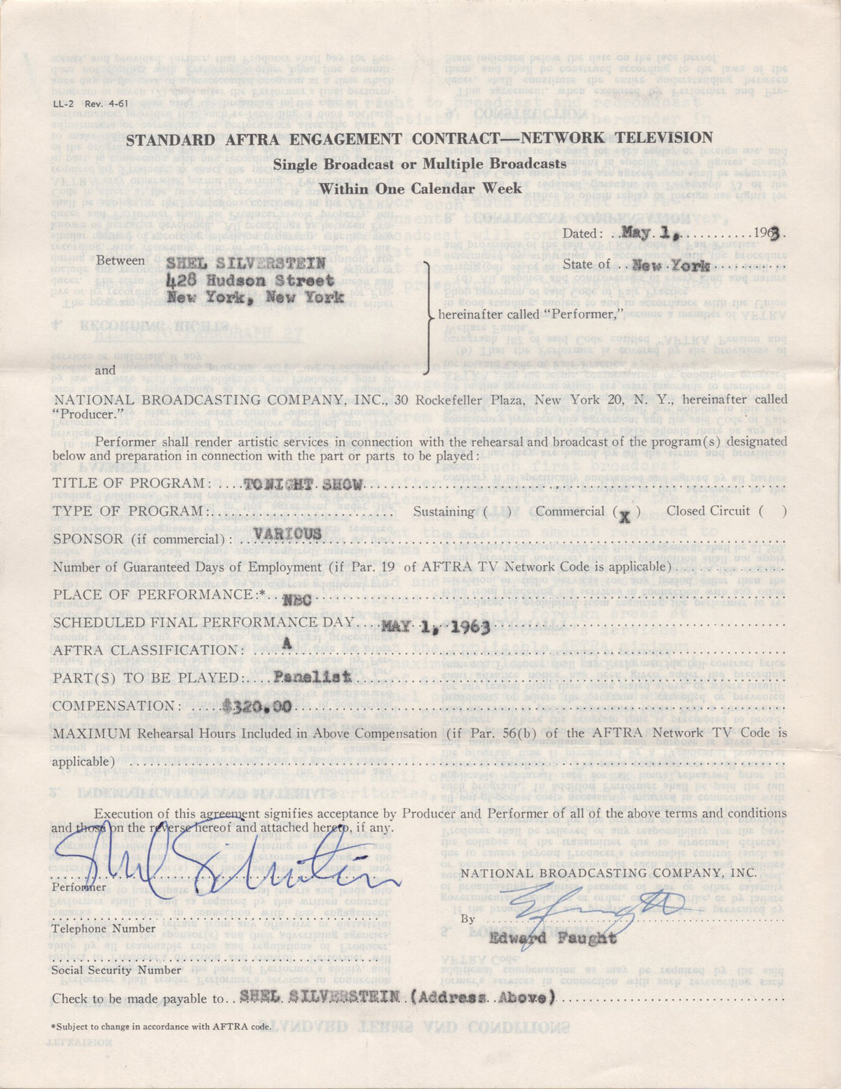 Shel Silverstein - Signed Contract