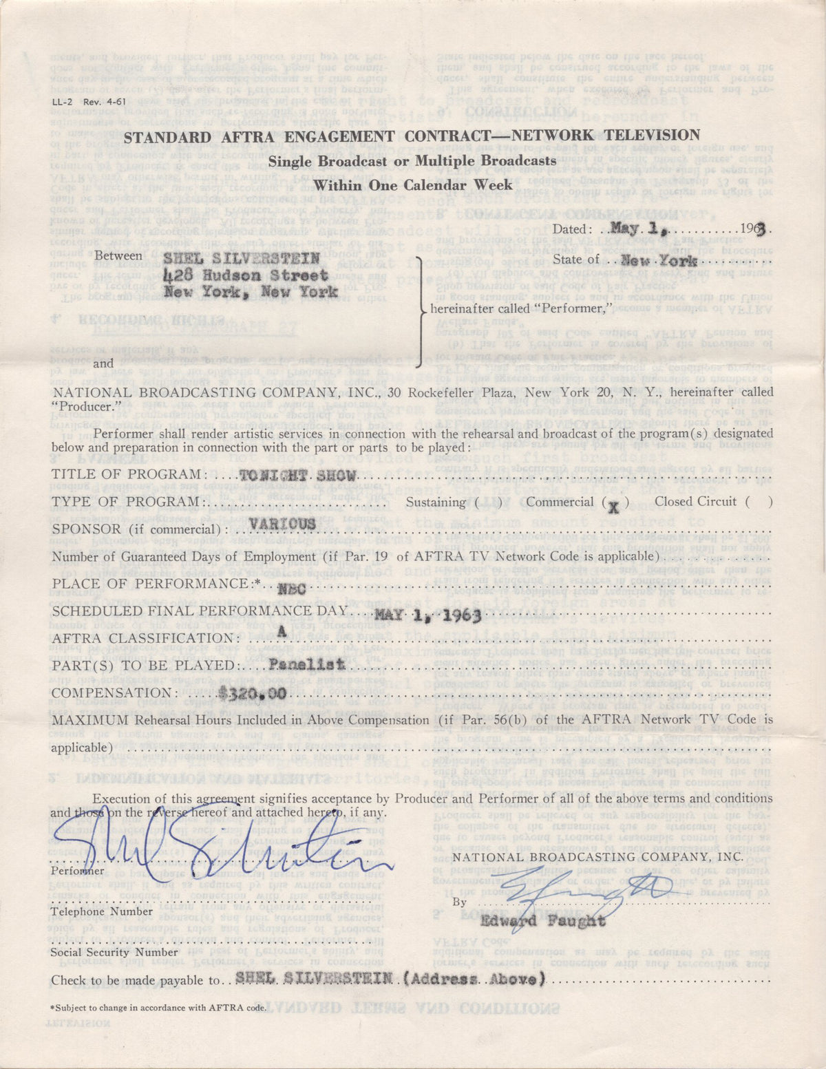 Shel Silverstein - Signed Contract