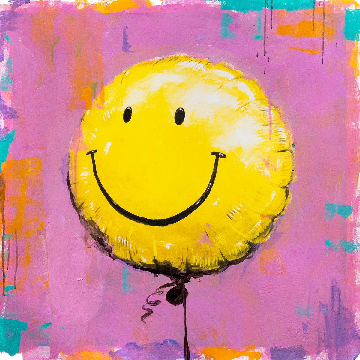 Adam J. O&#39;Day &quot;Smiley Face Balloon: Pink&quot; - Unique Hand-Painted Print - 24 x 24&quot;