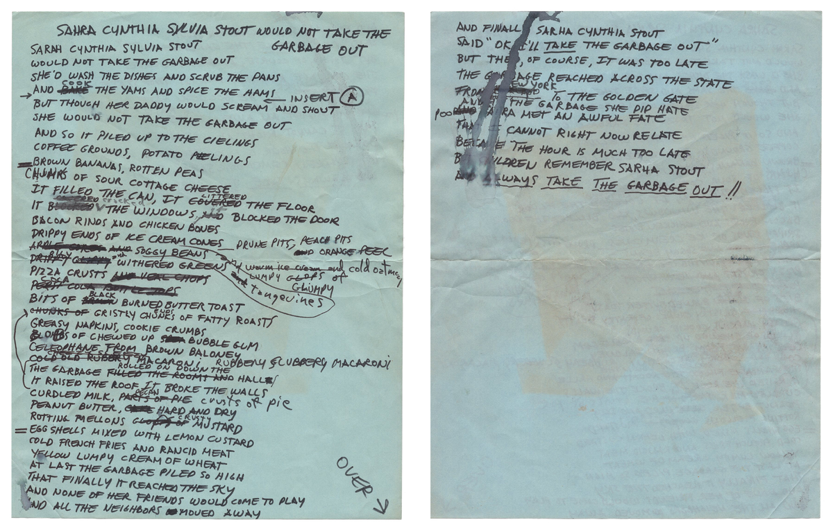 Shel Silverstein - Hand-Written Lyrics: &quot;Sarah Cynthia Silvia Stout&quot;