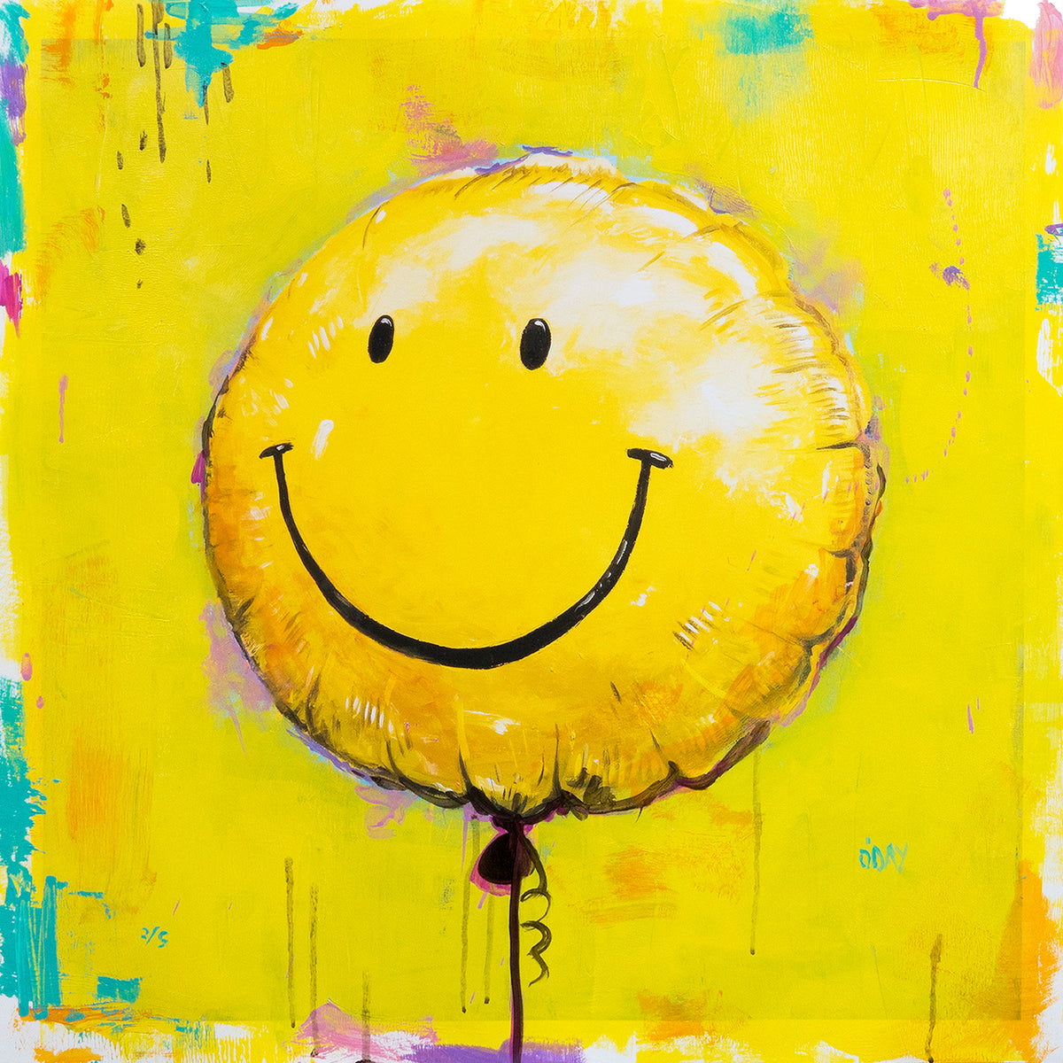 Adam J. O&#39;Day &quot;Smiley Face Balloon: Yellow&quot; - Unique Hand-Painted Print - 24 x 24&quot;