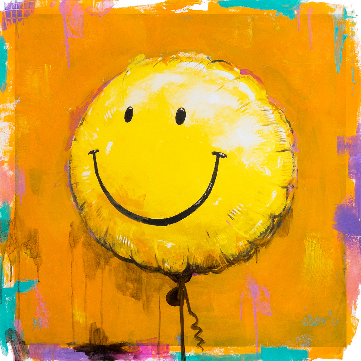 Adam J. O&#39;Day &quot;Smiley Face Balloon: Orange&quot; - Unique Hand-Painted Print - 24 x 24&quot;