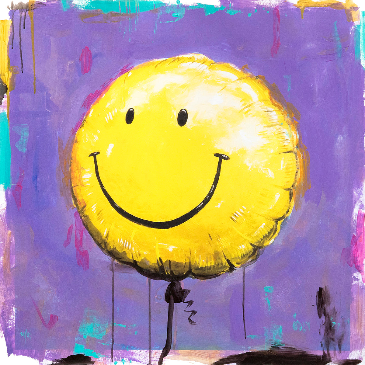 Adam J. O&#39;Day &quot;Smiley Face Balloon: Lavender&quot; - Unique Hand-Painted Print - 24 x 24&quot;