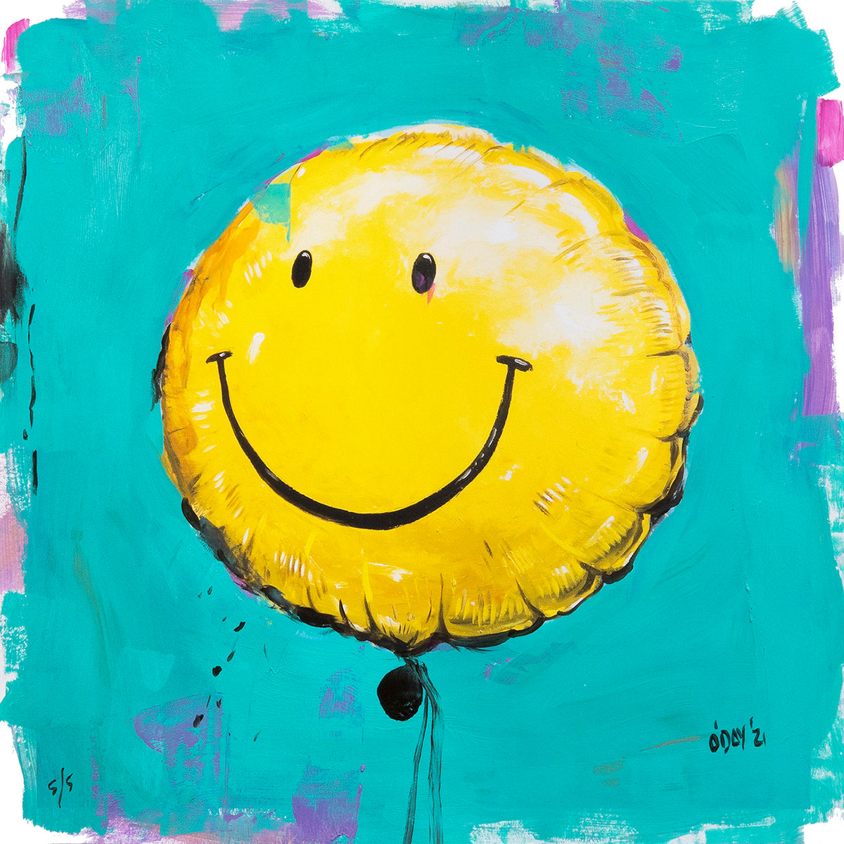Adam J. O&#39;Day &quot;Smiley Face Balloon: Teal&quot; - Unique Hand-Painted Print - 24 x 24&quot;
