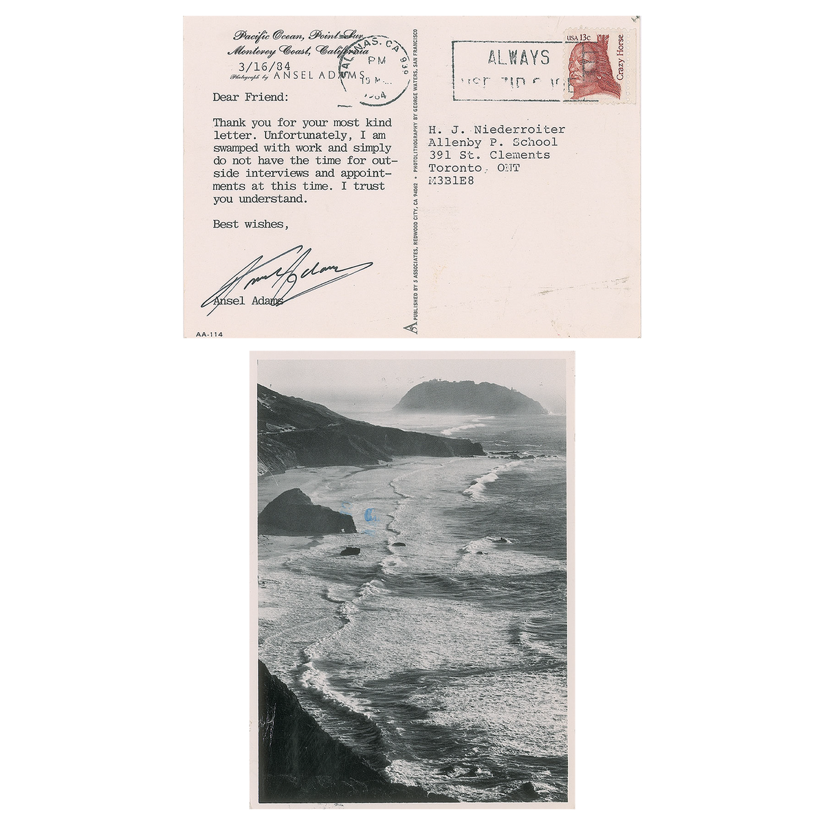 Ansel Adams - Signed Postcard - 1984
