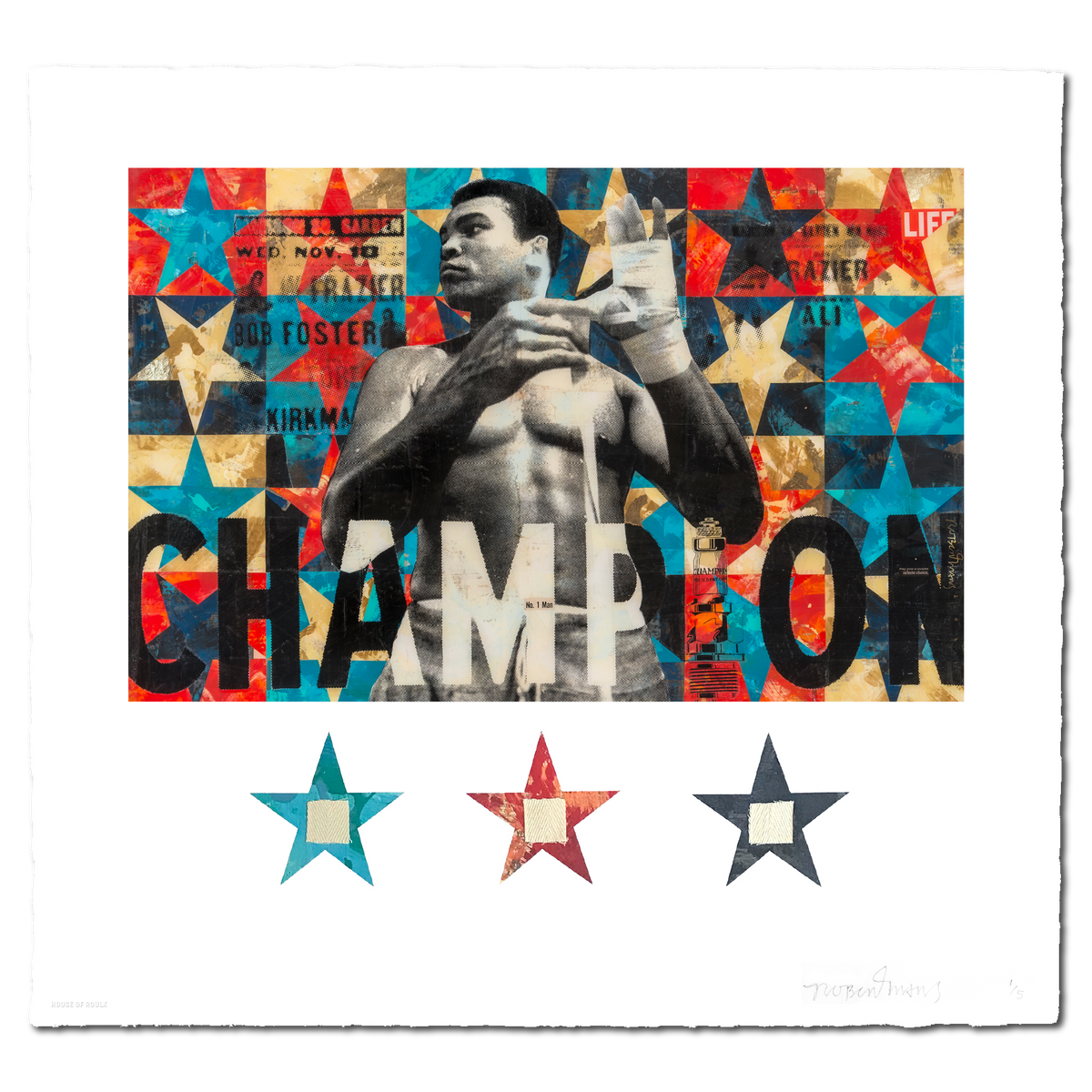 Robert Mars &quot;Ascension&quot; - Hand-Embellished Variant with 3 Authentic Muhammad Ali Swatches, Edition of 5 - 22 x 24&quot;