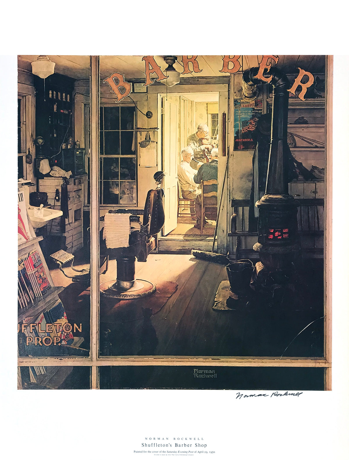 Norman Rockwell - &quot;Shuffleton&#39;s Barber Shop&quot; - Signed Offset Print - 19 x 25&quot;