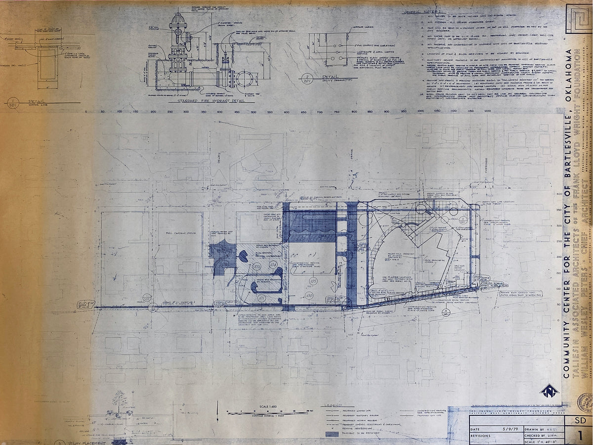 Frank Lloyd Wright - Original &quot;Bartlesville, Oklahoma Community Center&quot; Working Whiteprint