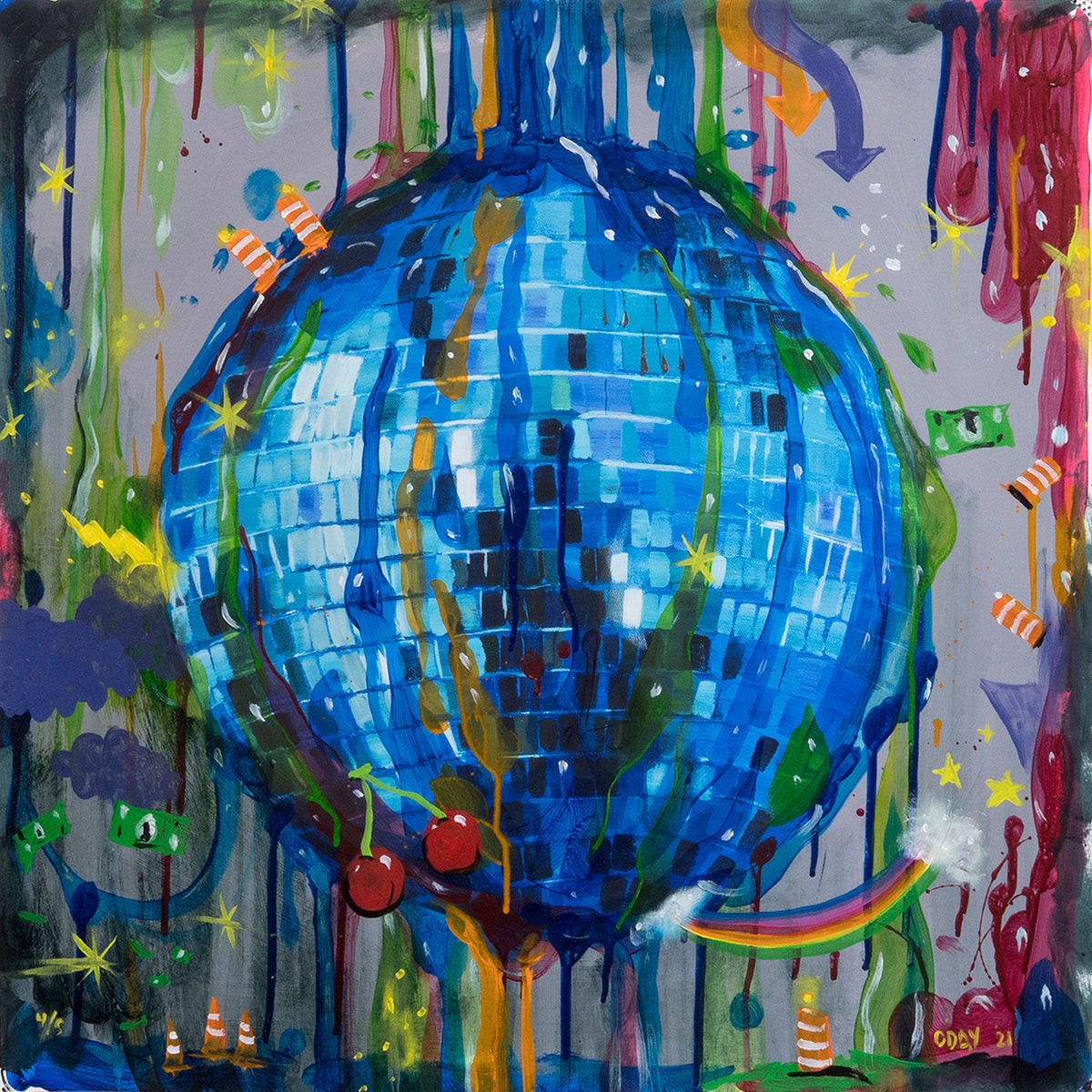 Adam J. O&#39;Day &quot;Disco Ball: Blue Blobs&quot; - Unique Hand-Painted Print - 24 x 24&quot;