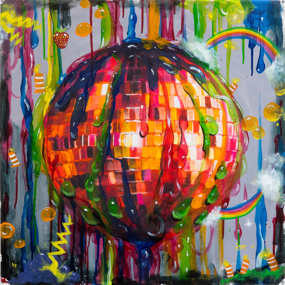 Adam J. O&#39;Day &quot;Disco Ball: Red Blobs&quot; - Unique Hand-Painted Print - 24 x 24&quot;