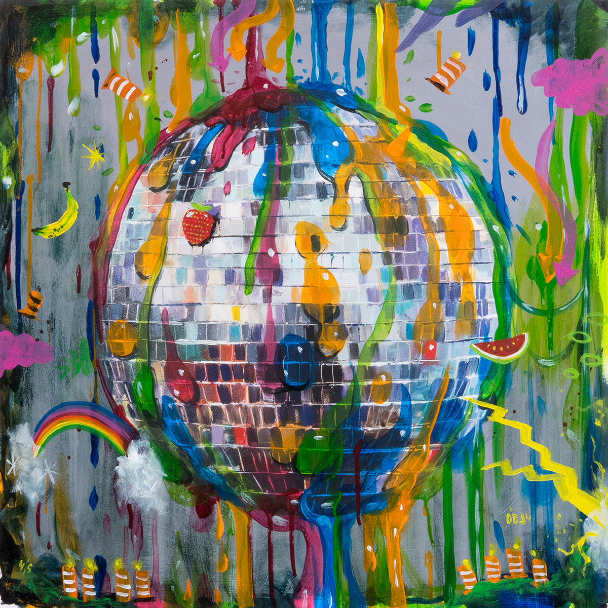 Adam J. O&#39;Day &quot;Disco Ball: Silver Blobs&quot; - Unique Hand-Painted Print - 24 x 24&quot;
