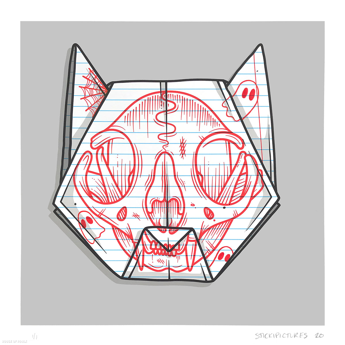 Stickipictures - &quot;Origami Cat Skull&quot; - Hand-Embellished One Off - 17 x 17&quot;