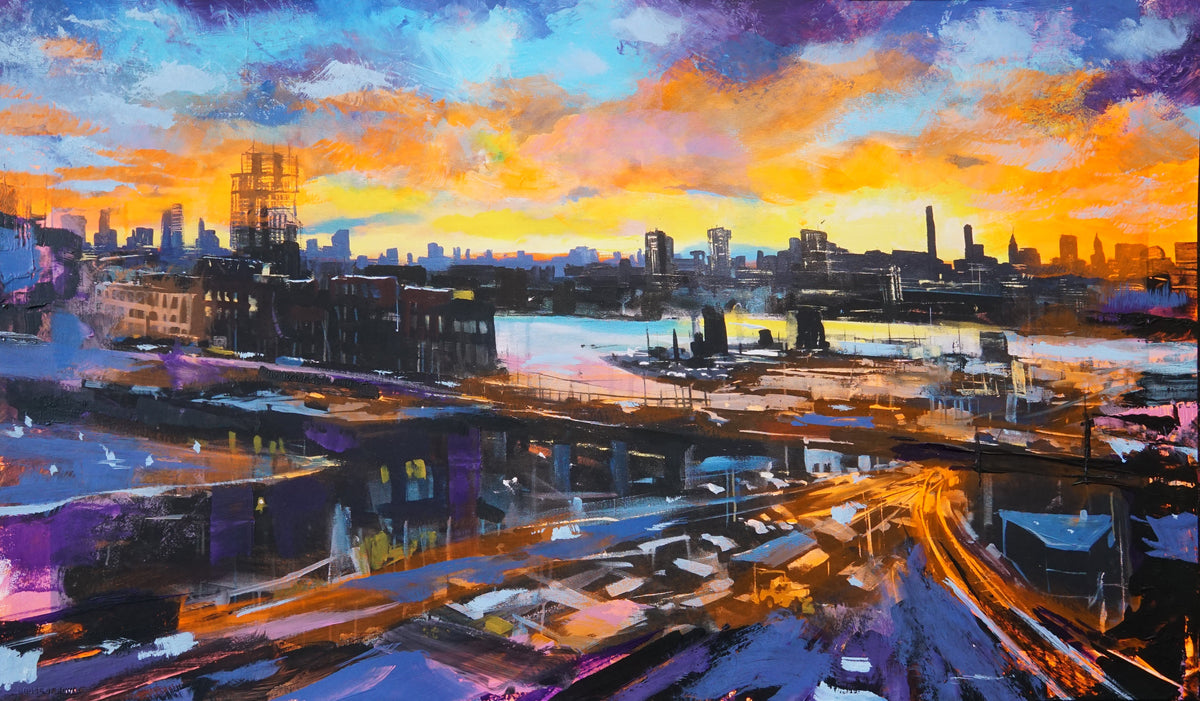 Adam J. O&#39;Day &quot;Pulaski Bridge at Sunset&quot; - Hand-Embellished Archival Print, Edition of 5 - 14 x 24&quot;