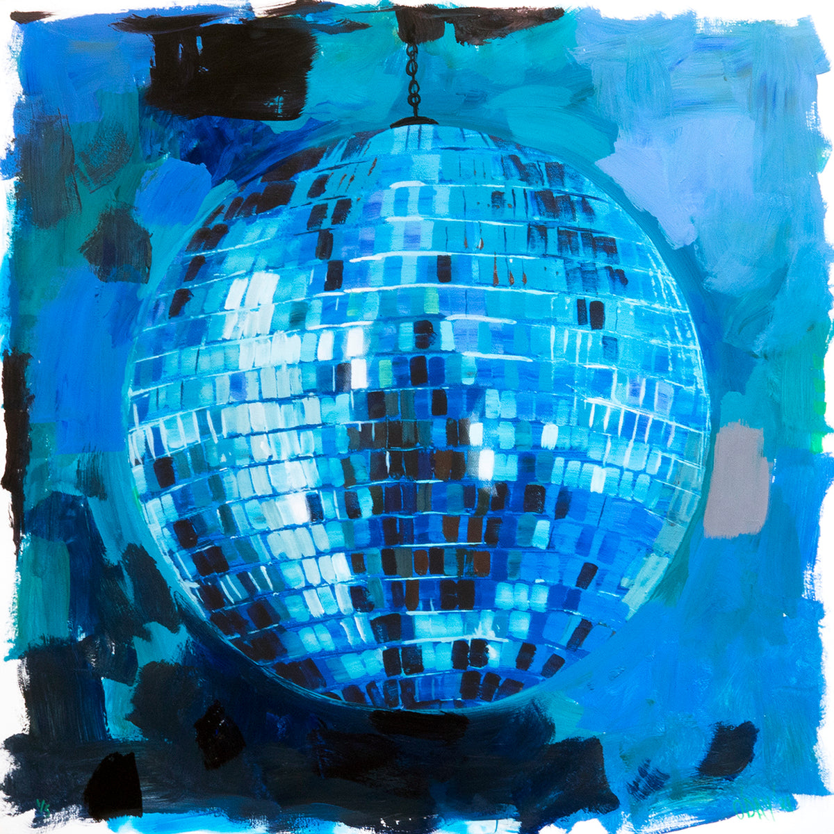 Adam J. O&#39;Day &quot;Disco Ball: Blue Experiment&quot; - Unique Hand-Painted Print - 24 x 24&quot;