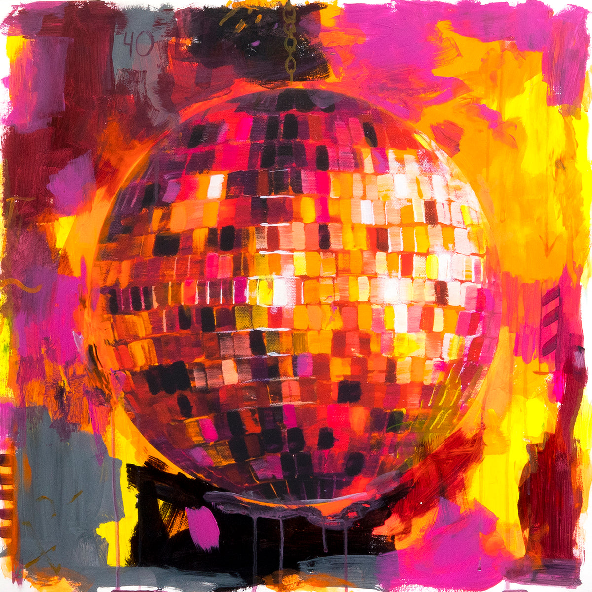 Adam J. O&#39;Day &quot;Disco Ball: Red Experiment&quot; - Unique Hand-Painted Print - 24 x 24&quot;