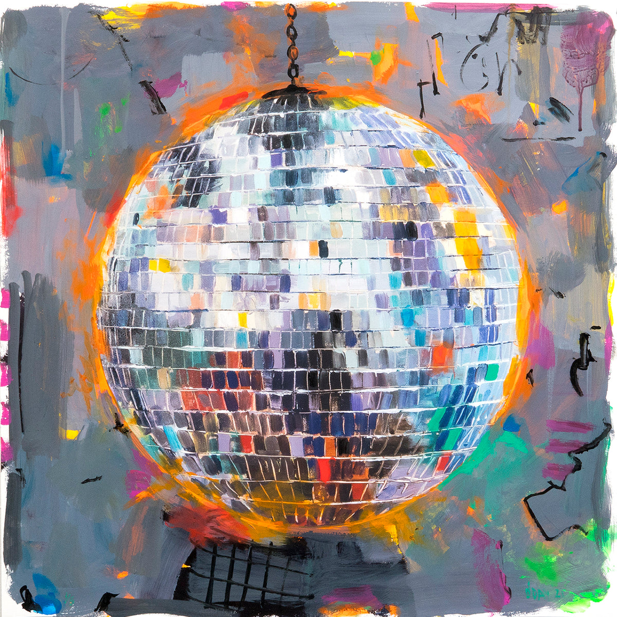 Adam J. O&#39;Day &quot;Disco Ball: Silver Experiment&quot; - Unique Hand-Painted Print - 24 x 24&quot;