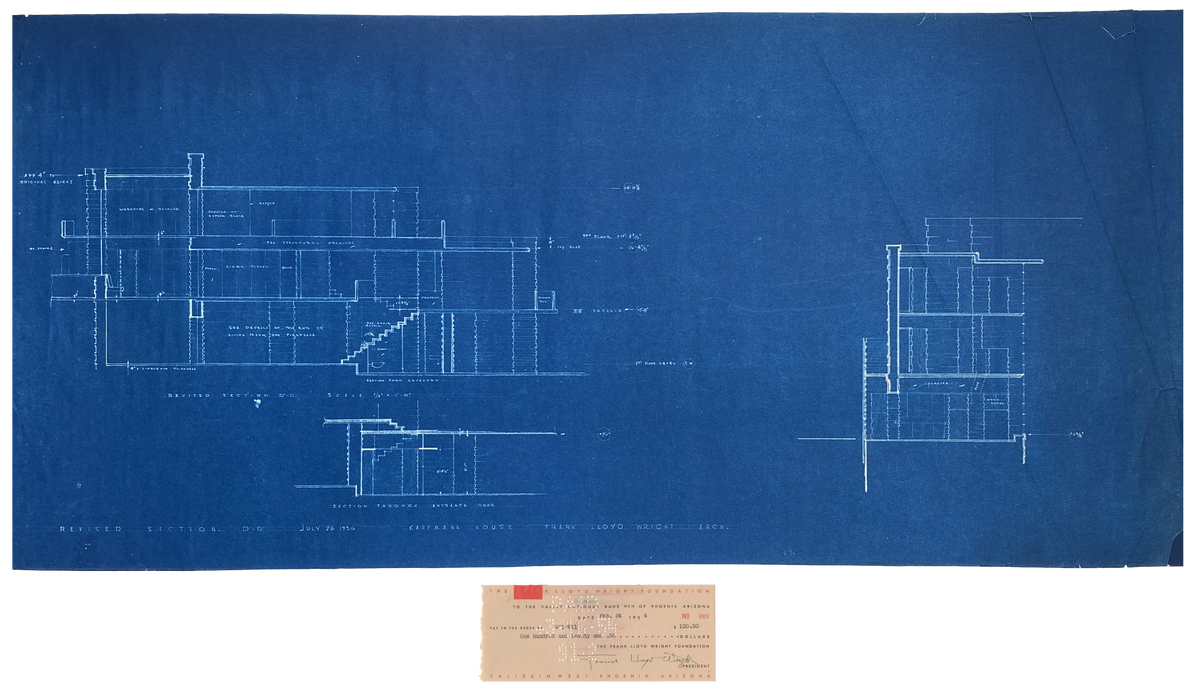 Frank Lloyd Wright - Original &#39;Fallingwater&#39; Working Blueprint with Signed Check