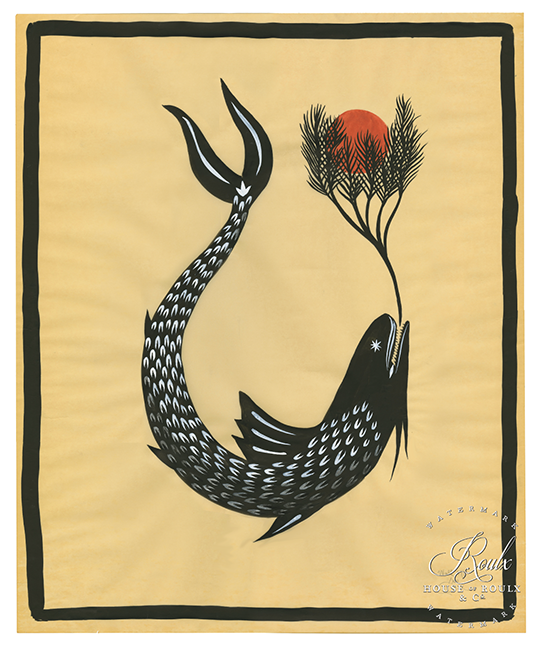 Rich Cali &quot;Fish 2&quot; - Original Brushed Ink on Vintage Found Vellem