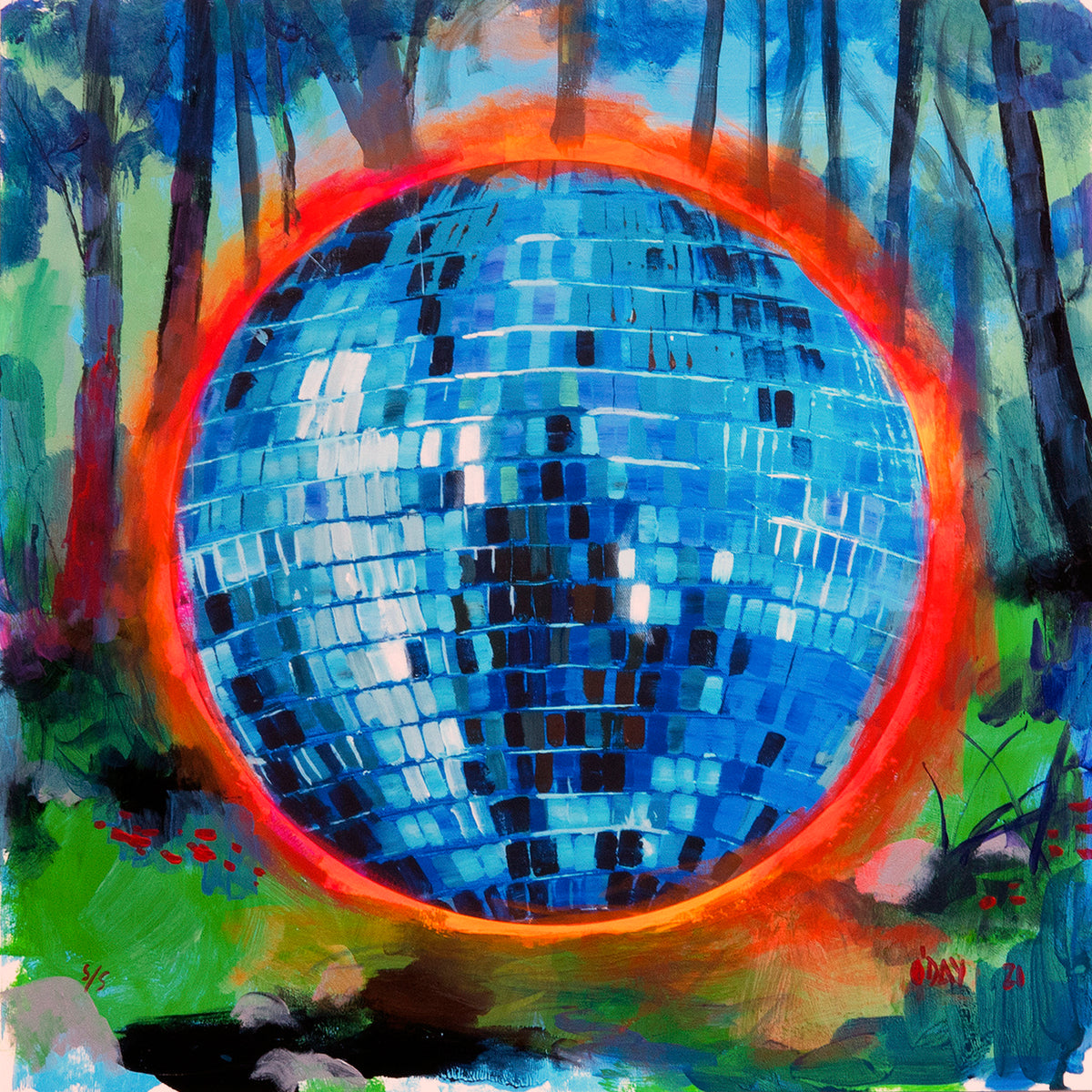 Adam J. O&#39;Day &quot;Disco Ball: Flaming Blue&quot; - Unique Hand-Painted Print - 24 x 24&quot;