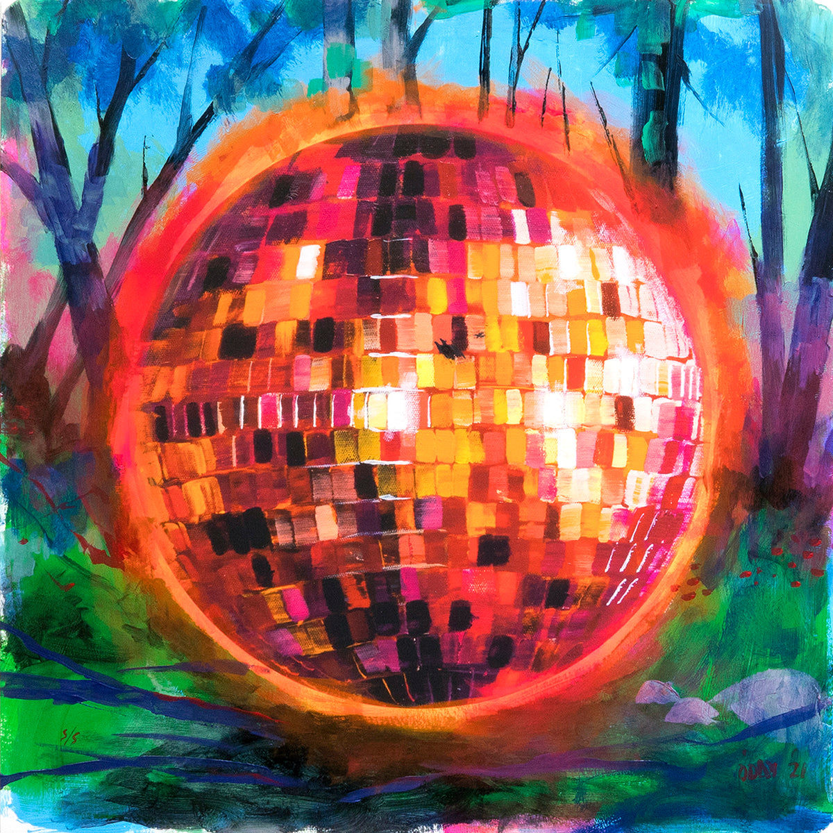 Adam J. O&#39;Day &quot;Disco Ball: Flaming Red&quot; - Unique Hand-Painted Print - 24 x 24&quot;