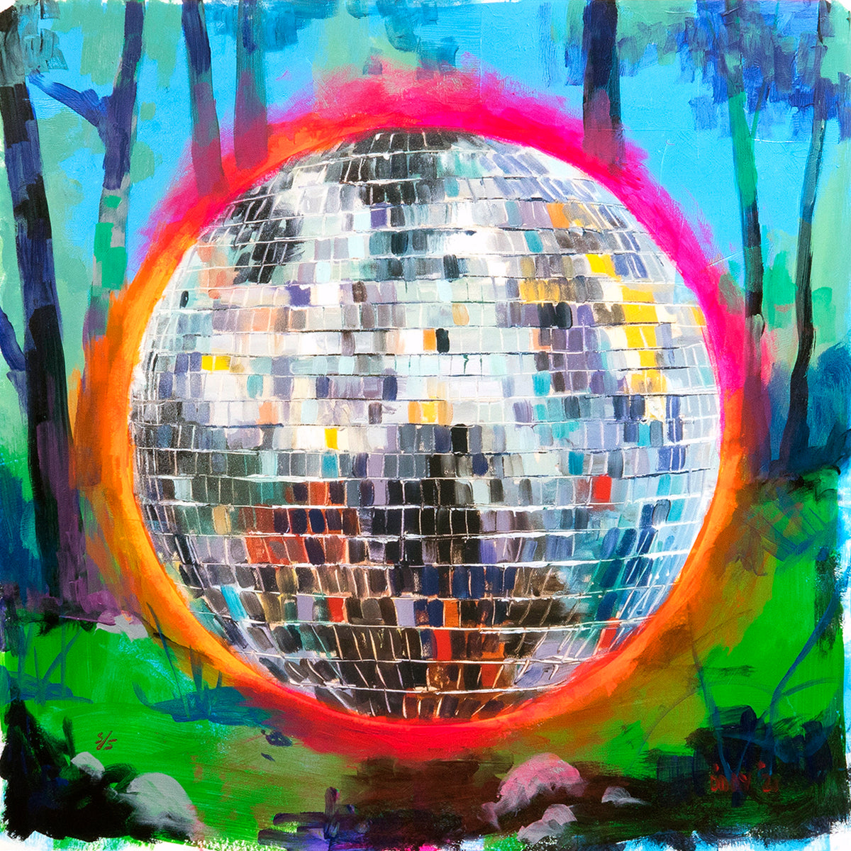 Adam J. O&#39;Day &quot;Disco Ball: Flaming Silver&quot; - Unique Hand-Painted Print - 24 x 24&quot;