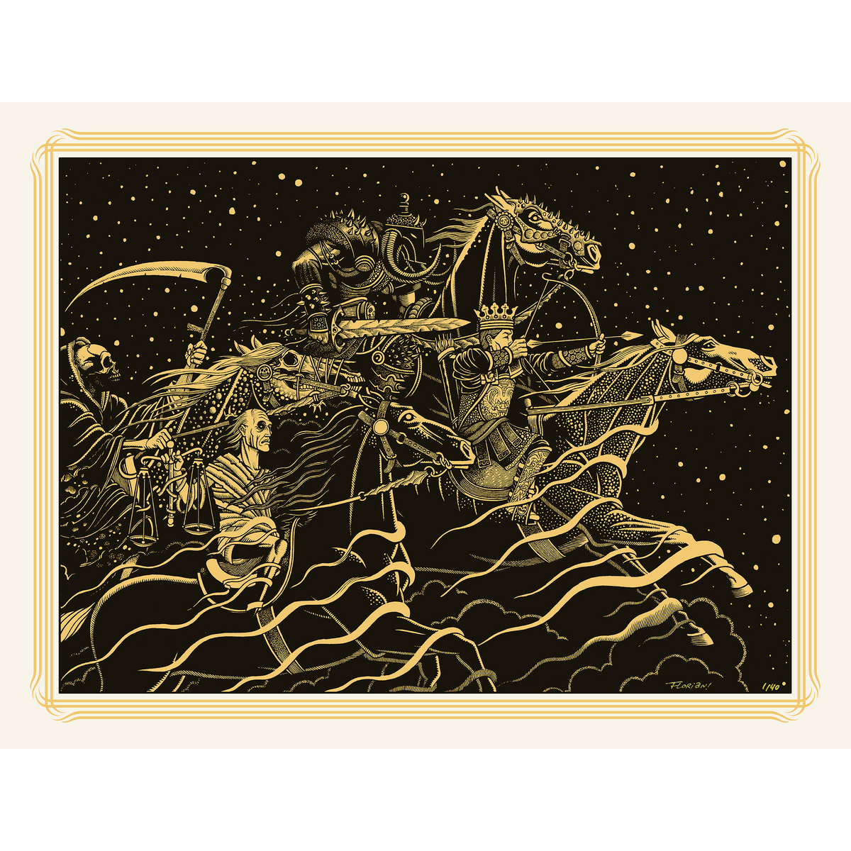 Florian Bertmer &quot;Four Horsemen (GOLD)&quot; - Screen Printed Edition of 40 - 18 x 24&quot;