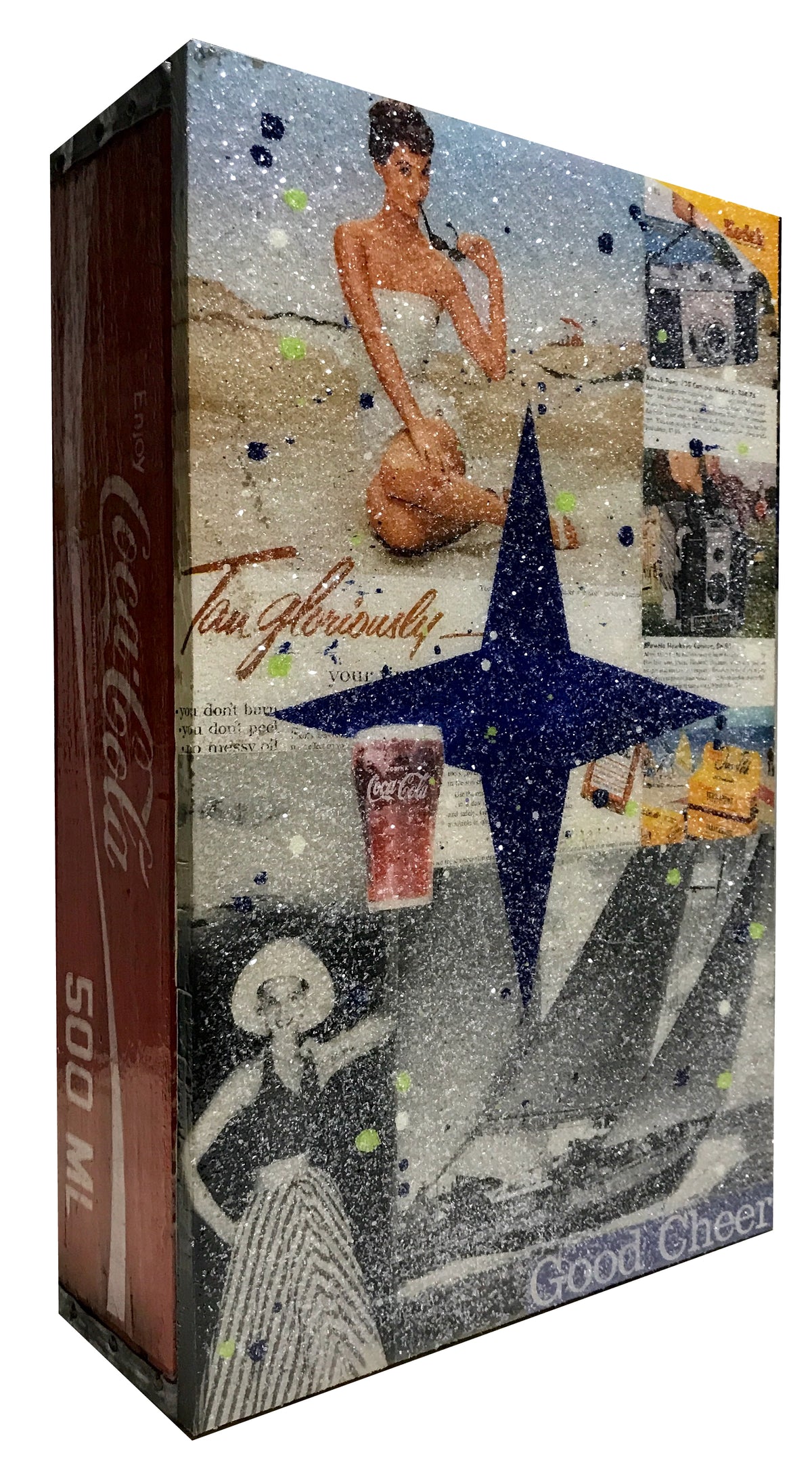 John Joseph Hanright &quot;Good Cheer&quot; - Ephemera, Oil, Diamond Dust, Resin on Vintage Bottle Crate - 18 x 12 x 5&quot;