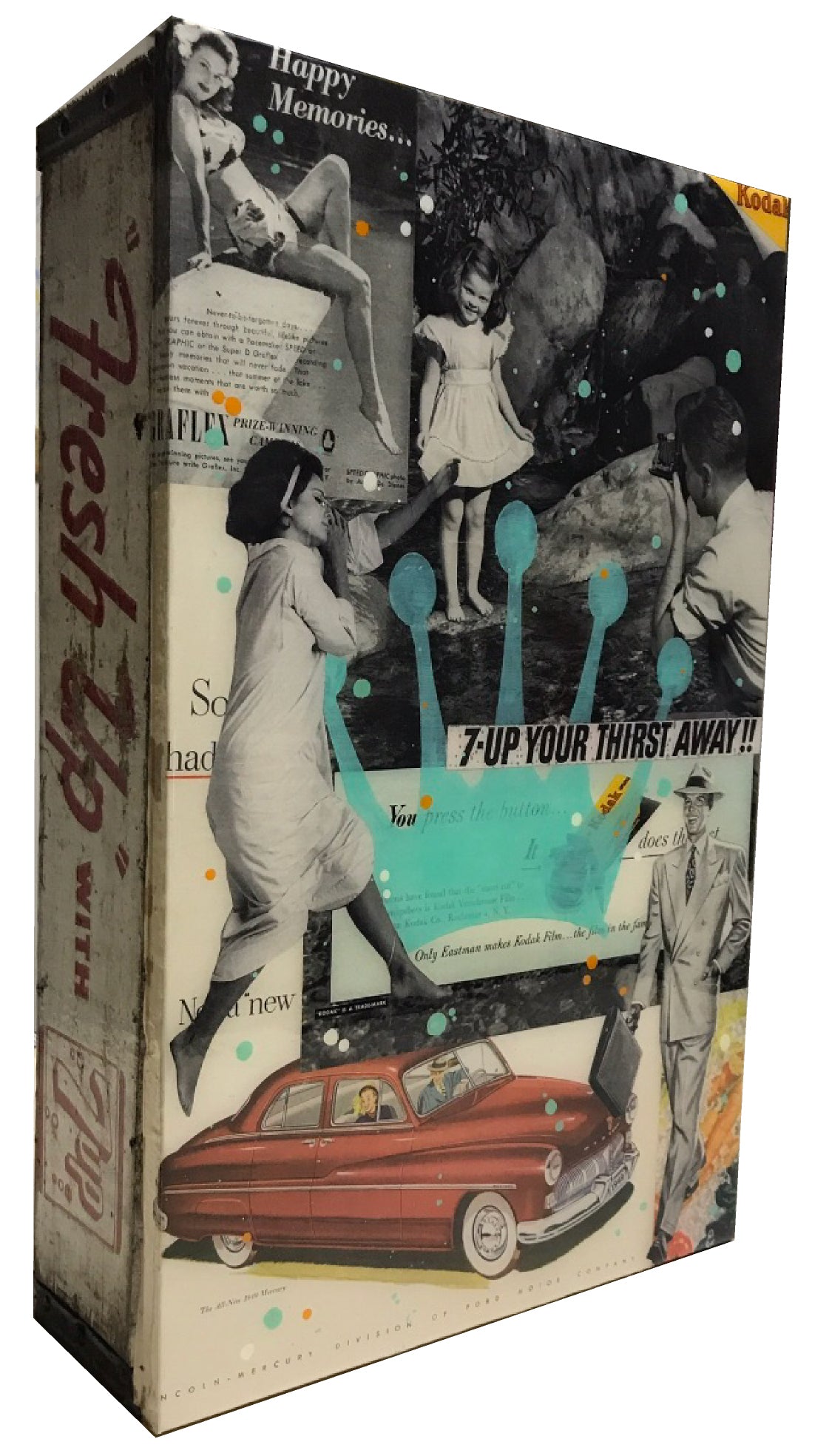 John Joseph Hanright &quot;Happy Memories&quot; - Ephemera, Oil, Resin on Vintage Bottle Crate - 18 x 12 x 5&quot;