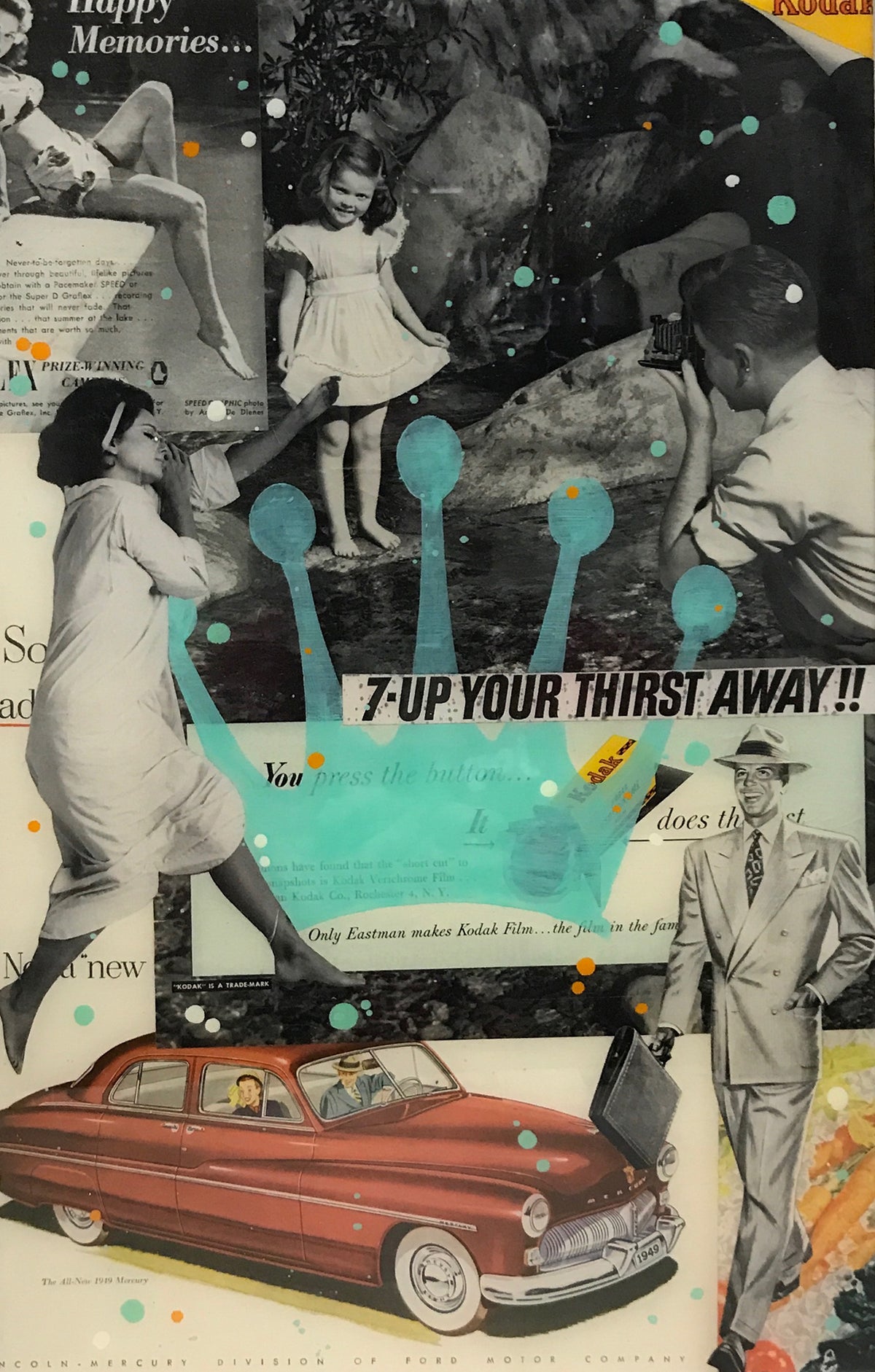 John Joseph Hanright &quot;Happy Memories&quot; - Ephemera, Oil, Resin on Vintage Bottle Crate - 18 x 12 x 5&quot;