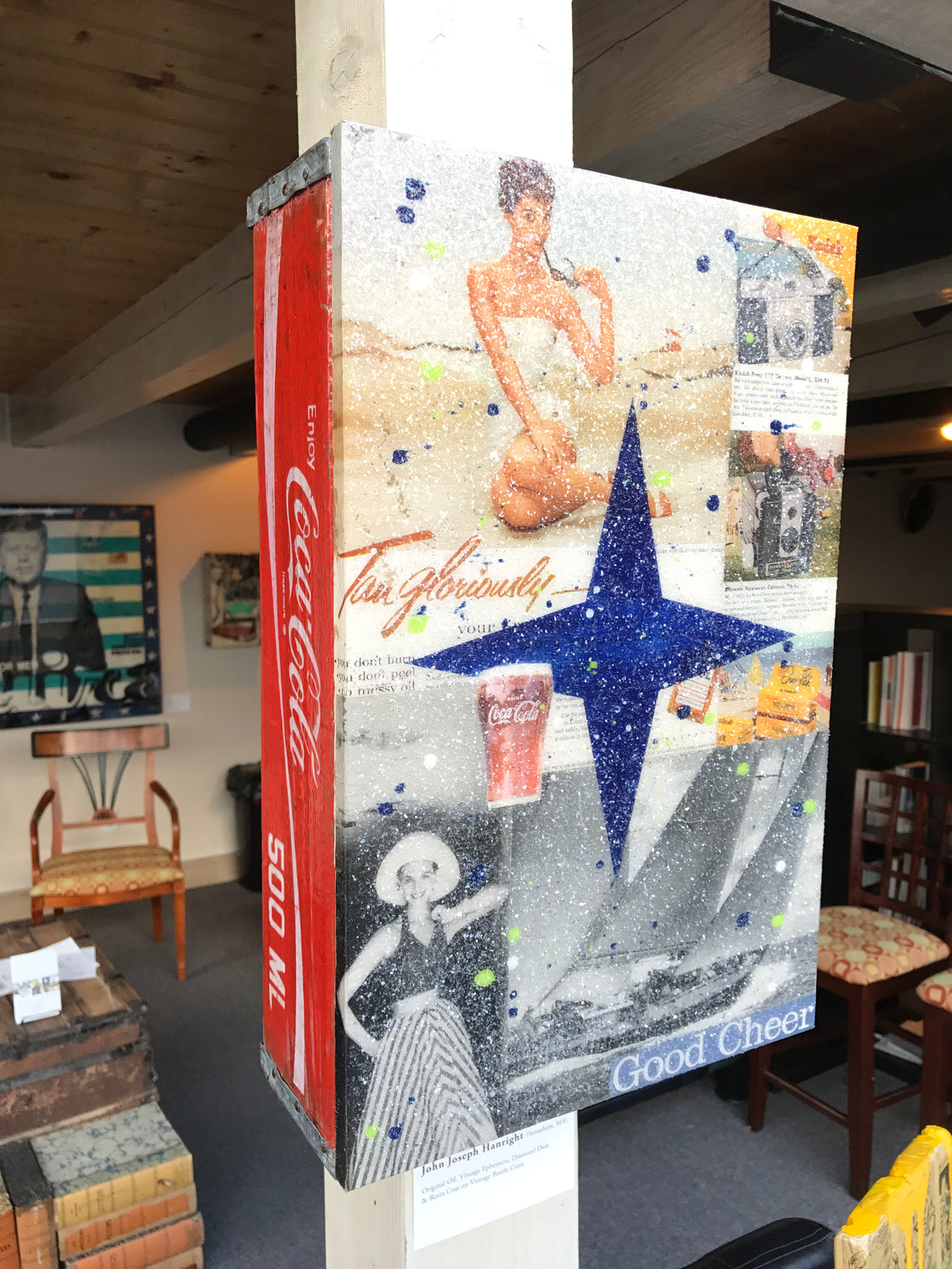 John Joseph Hanright &quot;Good Cheer&quot; - Ephemera, Oil, Diamond Dust, Resin on Vintage Bottle Crate - 18 x 12 x 5&quot;