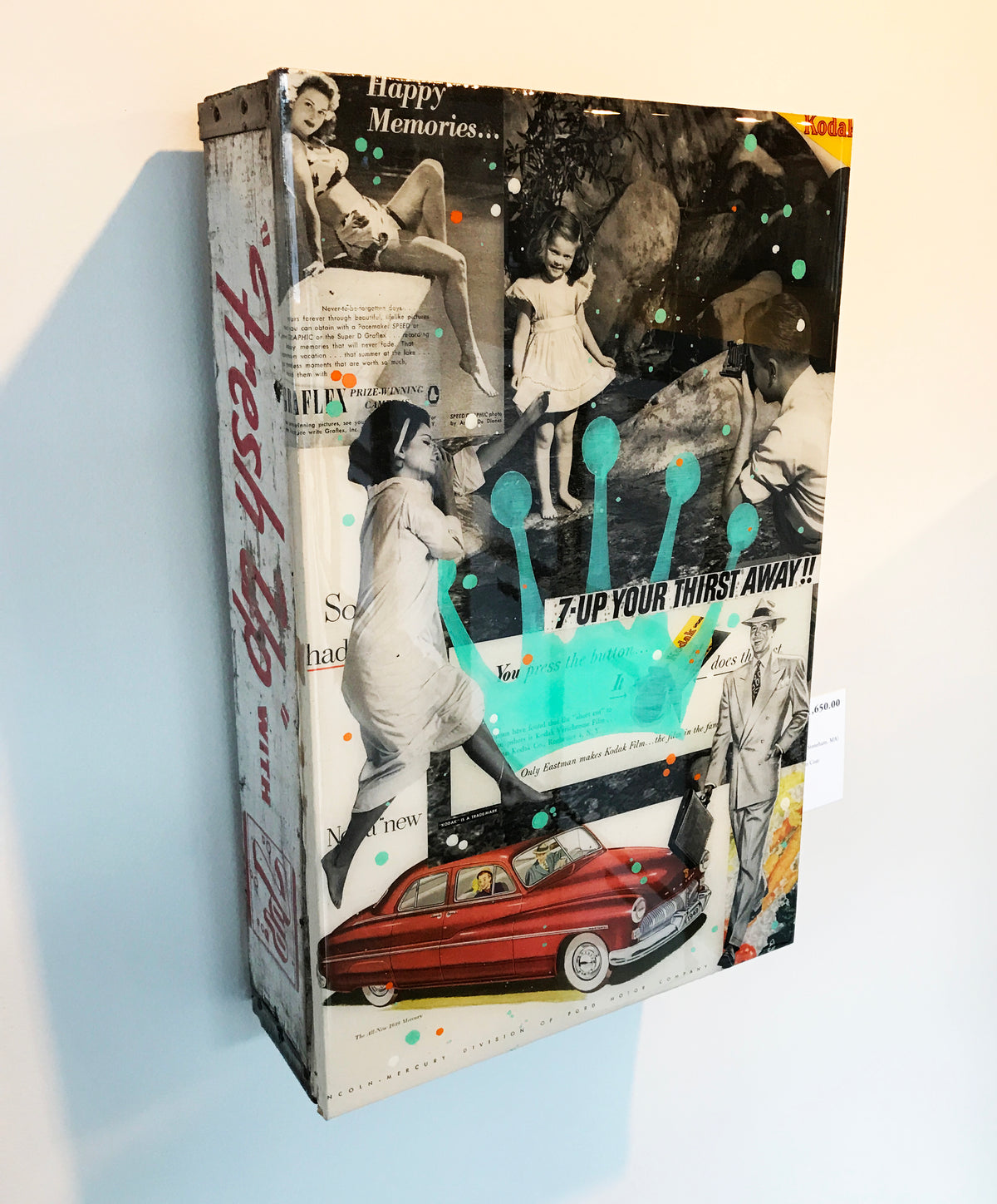 John Joseph Hanright &quot;Happy Memories&quot; - Ephemera, Oil, Resin on Vintage Bottle Crate - 18 x 12 x 5&quot;