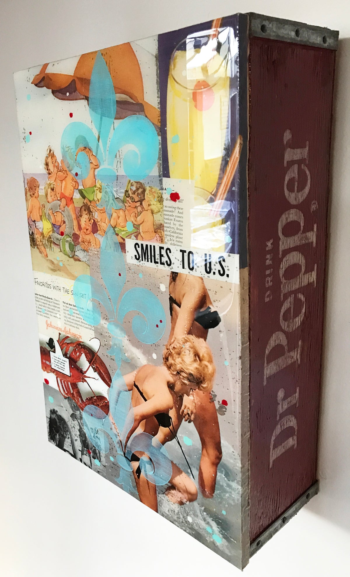 John Joseph Hanright &quot;Smiles to U.S.&quot; - Ephemera, Oil, Resin on Vintage Bottle Crate - 18 x 12 x 5&quot;