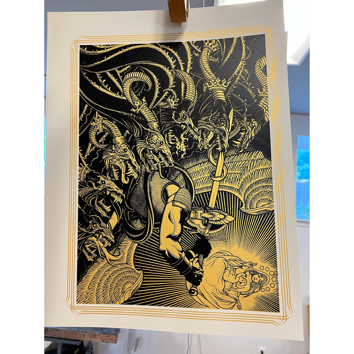 Florian Bertmer &quot;Michael Slaying Dragon (GOLD)&quot; - Screen Printed Edition of 40 - 18 x 24&quot;