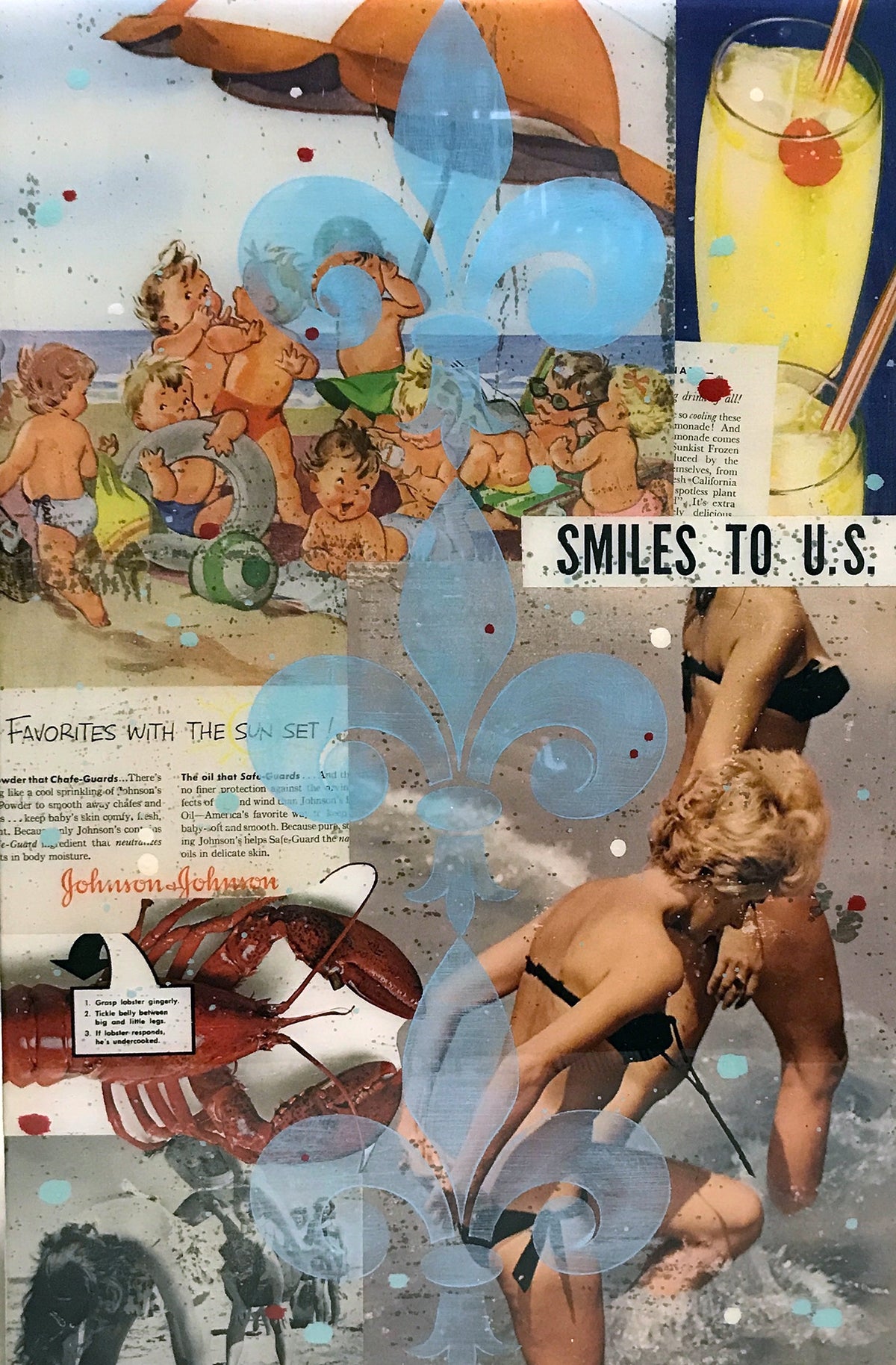 John Joseph Hanright &quot;Smiles to U.S.&quot; - Ephemera, Oil, Resin on Vintage Bottle Crate - 18 x 12 x 5&quot;