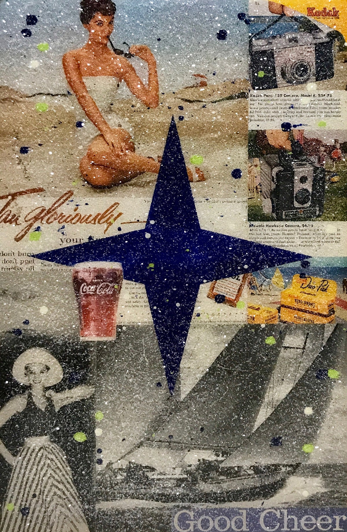John Joseph Hanright &quot;Good Cheer&quot; - Ephemera, Oil, Diamond Dust, Resin on Vintage Bottle Crate - 18 x 12 x 5&quot;