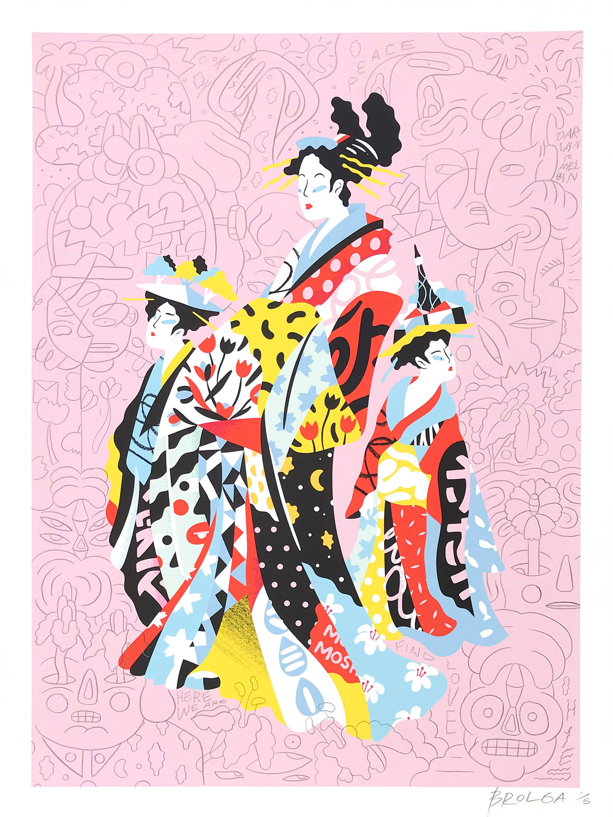 Brolga &quot;Hokusai Pop Geishas&quot; - Hand-Embellished Variant, 1 of 5 - 18 x 24&quot;