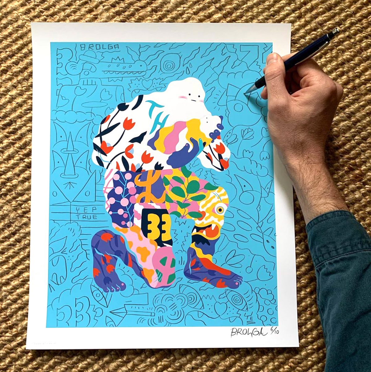 Brolga &quot;Bangkok Crouching Man&quot; - Hand-Embellished Variant, 1 of 10 - 14 x 17&quot;