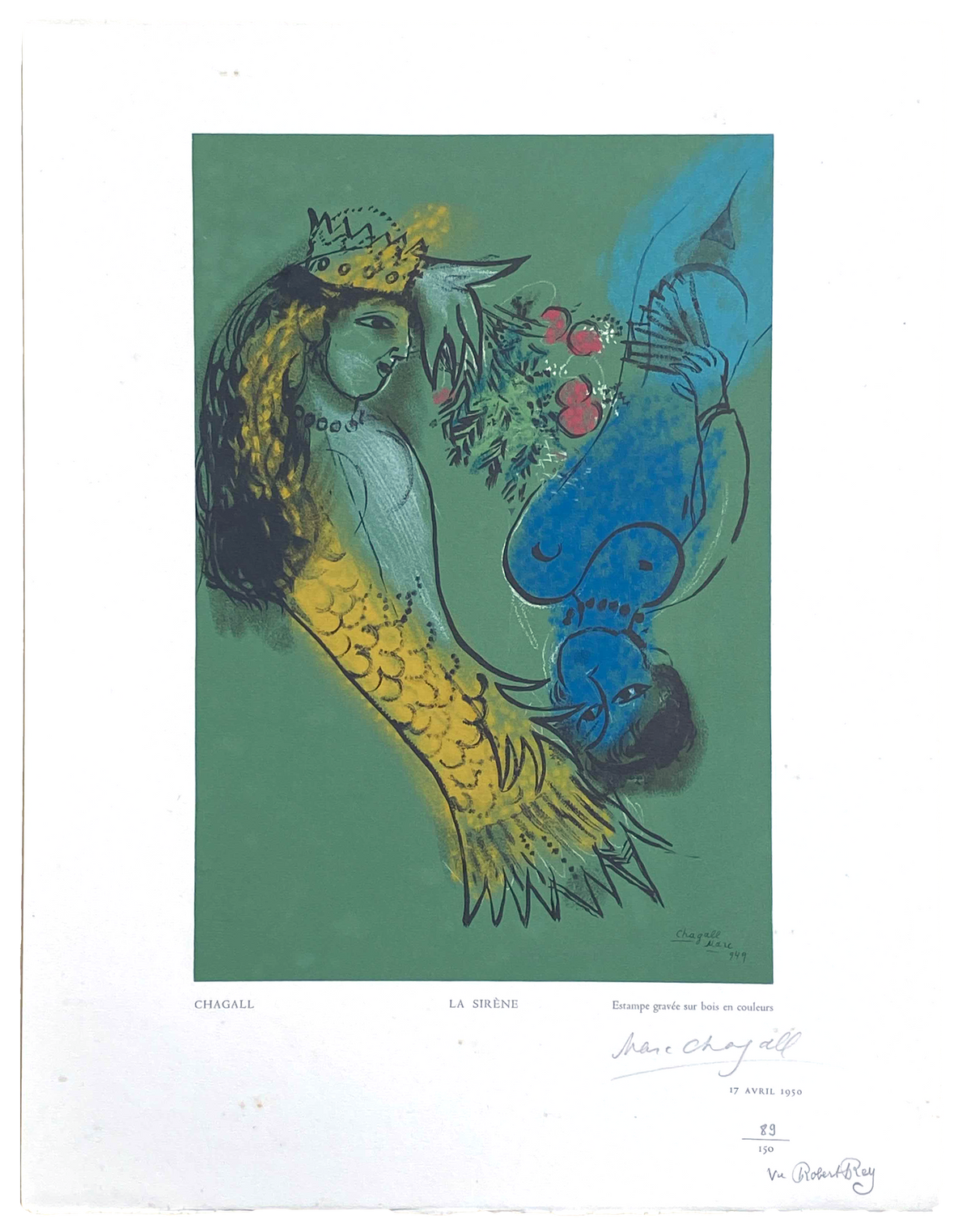 Marc Chagall - &quot;La Sirene&quot; - Signed 1950 Robert Rey Print - 18.3 x 14.3&quot;