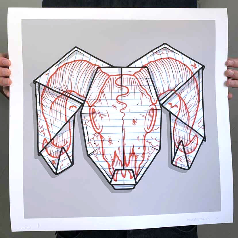 Stickipictures - &quot;Origami Ram Skull&quot; - Hand-Embellished One Off - 17 x 17&quot;