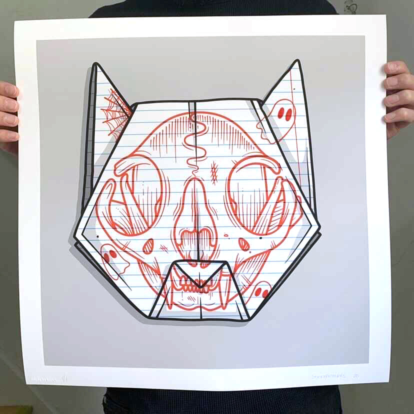 Stickipictures - &quot;Origami Cat Skull&quot; - Hand-Embellished One Off - 17 x 17&quot;