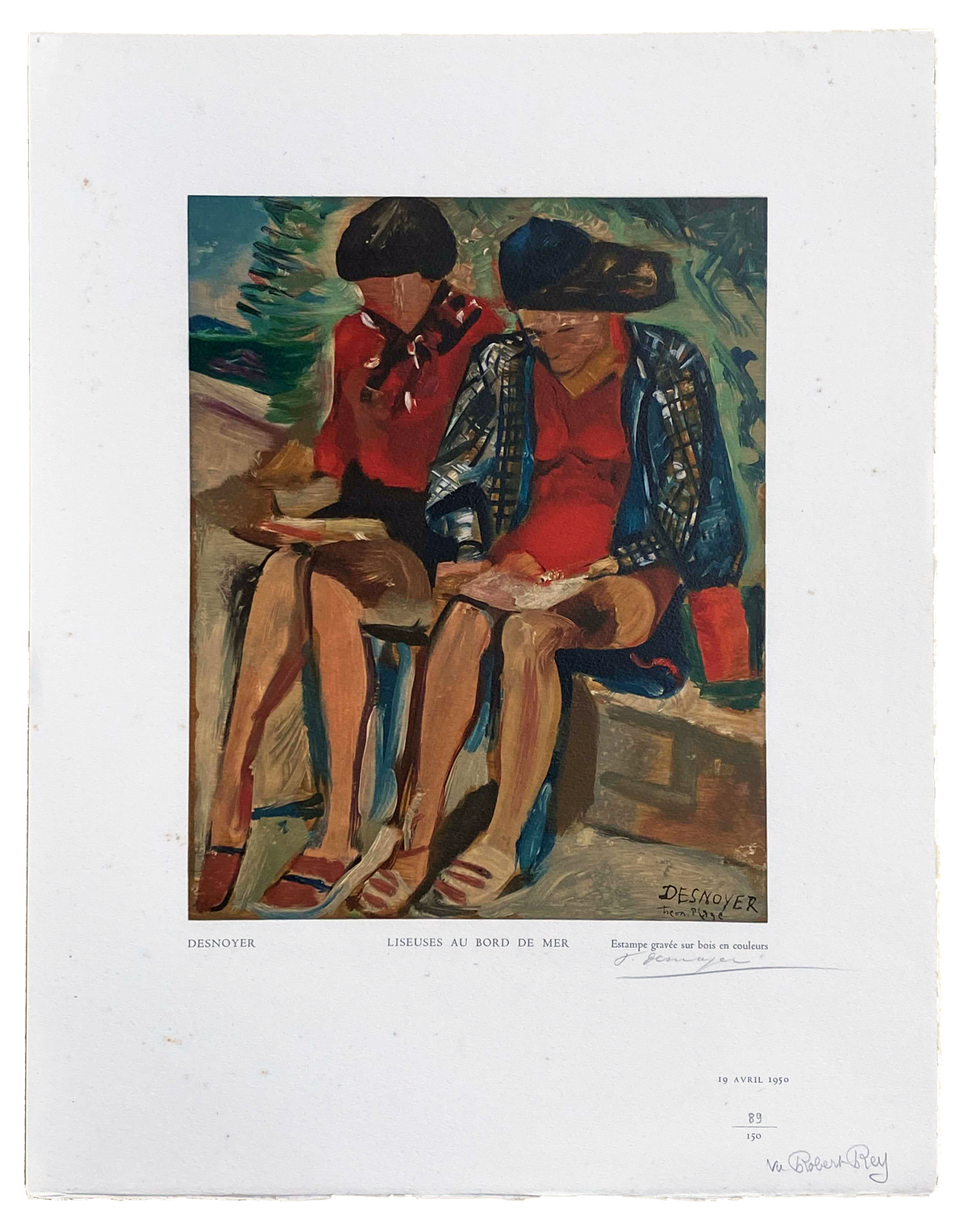 François Desnoyer - &quot;Liseuses Au Bord De Mer&quot; - Signed 1950 Robert Rey Print - 18.3 x 14.3&quot;